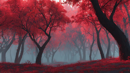 Aufkleber - Fantasy red forest with fog and red trees, autumn concept, 3d rendering