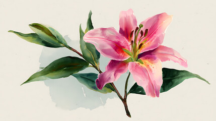 Poster - Watercolor painting of a pink lily flower with green leaves on a