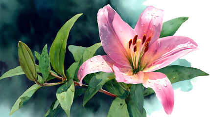 Poster - Watercolor painting of a pink lily flower with green leaves on a