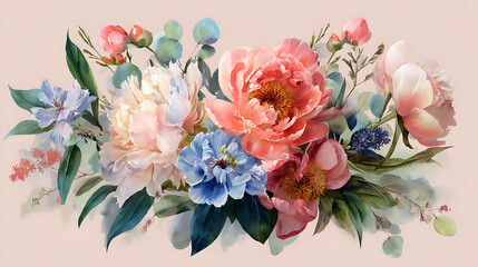 Aufkleber - Watercolor pastel peony flower arrangement bouquet, summer floral bouquet with peach, pink and blue peonies