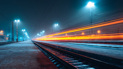 Leinwandbilder - Train at night in a city driving in motion with light trails at a railway station