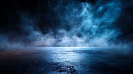 Aufkleber - The concrete floor and studio room with smoke float up the interior texture for display products dark street, asphalt abstract dark blue background