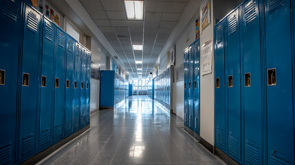 Poster - School lockers, long school corridor with blue lockers