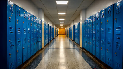 Poster - School lockers, long school corridor with blue lockers