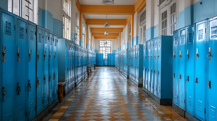 Aufkleber - School lockers, long school corridor with blue lockers