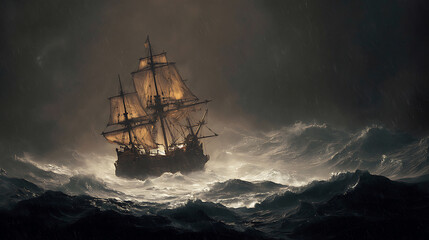 Poster - Pirate ship navigating during a storm, thunder, rain big waves on the ocean, black boat setting sails on rough water, sea, digital artwork, painting
