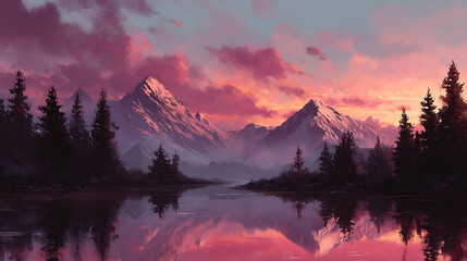 Aufkleber - Mountain and trees landscape, digital painting, 4k wallpaper, background, pink sunset, clouds, lake, reflections