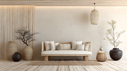 Poster - Minimal home interior background living room with natural material and light bright clean cosy minimal design schematic material earthtone house beautiful design ideas concept