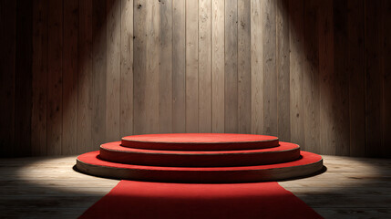 Poster - Illuminated pedestal with red carpet in wooden interior, leadership and win concept, 3d rendering
