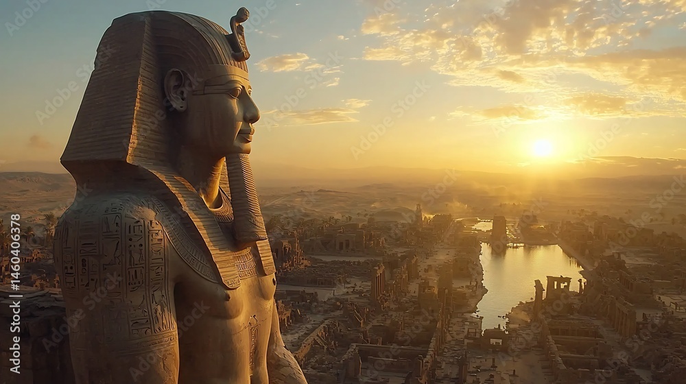 Collosal God Colossal stone statue of god overlooking an ancient ruined city sun ...