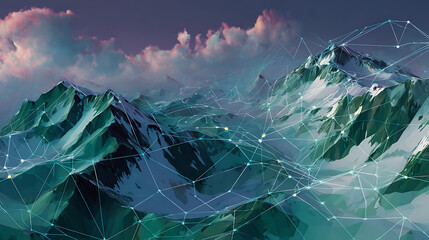 Aufkleber - From above view low poly digital mountain range, connection and communication concept