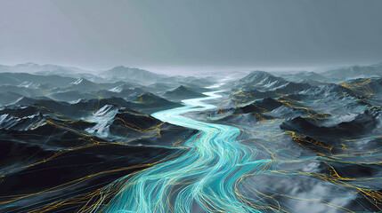 Aufkleber - Futuristic digital landscape with river passing trough metallic terrain landscape, abstract information transfer concept