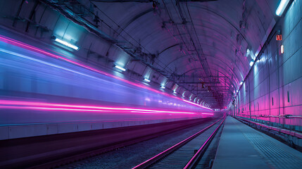Leinwandbilder - Fast underground subway train racing through the tunnels, neon pink and blue light