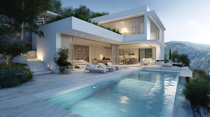 Poster - Exterior modern white villa with pool and garden