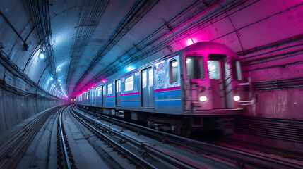 Leinwandbilder - Fast underground subway train racing through the tunnels, neon pink and blue light
