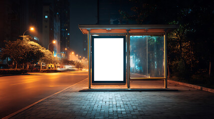 Fototapete - Empty billboard mockup at footpath or at roadside in city, side view blank billboard in city, outdoor advertising space in light box at bus stop in night