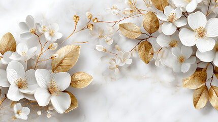 Poster - Elegant display of white and gold flowers with leaves on pristine white marble texture