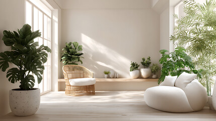 Poster - White interior design concept with empty wall and contemporary furnishings, indoor oasis, modern home featuring stylish decor potted plants and minimalist aesthetic