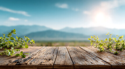 Poster - Table background of free space for your decoration and blurred landscape of mountains, blue sky with sun light and green small leaves