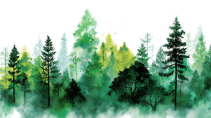 Poster - Pencil drawn forest, healthy green illustration with watercolor, shades of green, hand drawn nature art, 4k background, wallpaper