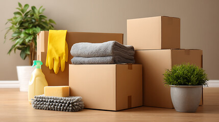 Poster - move concept, cardboard boxes and cleaning things for moving into a new home, cardboard boxe backgro