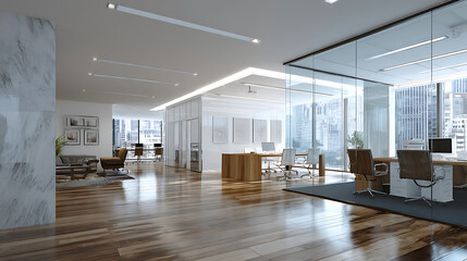 Poster - Modern interior working office space corporate comercial space design office daylight modern office furniture office design background