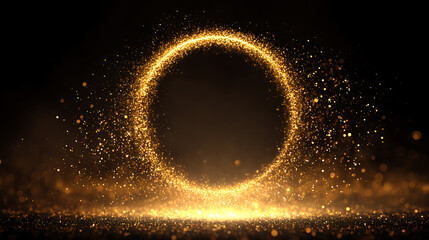 Poster - Gold circle frame firework confetti of light golden spark particles on black background