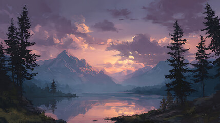 Aufkleber - Forest and mountains digital painting, 4k background, wallpaper of forest, trees, pines, clouds, mountains and sunset over a lake, beautiful drawing, sketch of digital nature landscape