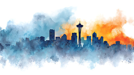 Fototapete - Watercolor painting on the city skyline and air pollution illustration