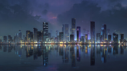 Fototapete - Urban nightscapes, glimpse of modernity, metropolitan symphony, city lights at dusk, high tech horizons, urban nightscape, futuristic skyline