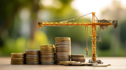 Poster - Stacking gold coins with increase and tower crane and hoist brake solutions with build new house in the public park, saving money and loan for construction real estate and home concept
