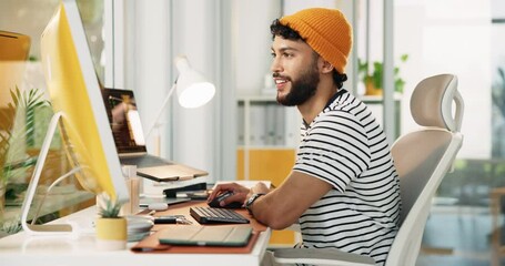 Leinwandbilder - Man, smile and typing at office, computer and info with review for website development at startup. Person, happy and developer by pc for feedback, perspective and check results at creative agency