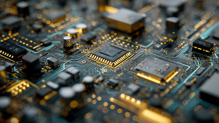 Poster - Printed circuit board, abstract technological background made of different element printed circuit board, depth of field effect and bokeh can be used as digital dynamic wallpaper
