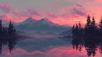 Aufkleber - Mountain and trees landscape, digital painting, 4k wallpaper, background, pink sunset, clouds, lake, reflections