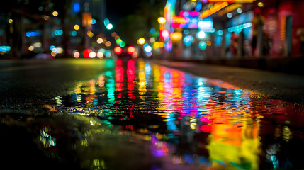 Aufkleber - Multi, colored neon lights on a dark city street, reflection of neon light in puddles and water, abstract night background, blurred bokeh light, night view colorful