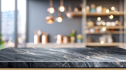Poster - Modern empty dark marble table top or kitchen island on blurry bokeh kitchen room interior background, for montage product display, digital ai art