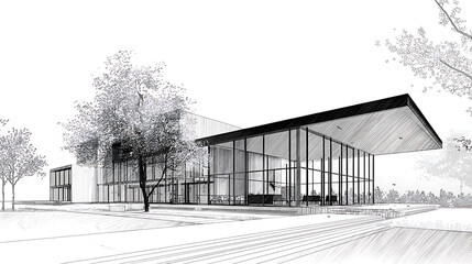 Poster - Minimalist line drawing of architectural library building with open spaces and tall windows