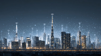 Poster - Line of cityscape and communication network illustration concept, telecommunication, iot, internet of things, ict, information communication technology, 5g, smart city, digital transformation