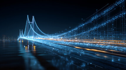 Poster - Illuminated bridge of light and data streams symbolizing technological connections
