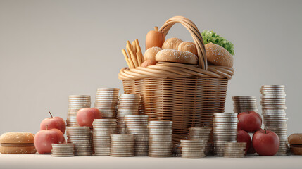 Aufkleber - Growth of food sales or growth of market basket or consumer price index concept, shopping basket with foods on coin stacks, 3d illustration