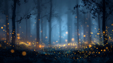 Poster - Flittering fireflies flying in the night fantasy enchanted forest, fairy tale concept