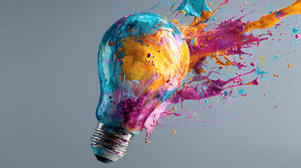 Poster - Creative light bulb explodes with colorful paint and colors, new idea, brainstorming concept, banner