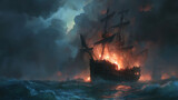 Wrecked, destroyed pirate ship in the ocean, storm, burning, waves, dark sombre digital painting, artwork