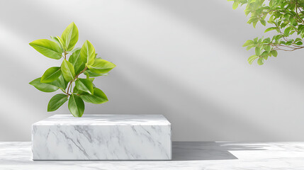 Aufkleber - White marble podium stand mock up template display showcase for product presentation with freshness nature branch tree leave with shadow