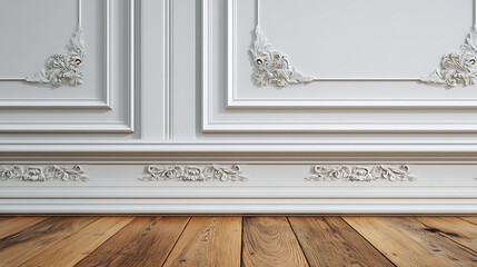 Poster - White wall with classic style mouldings and wooden floor