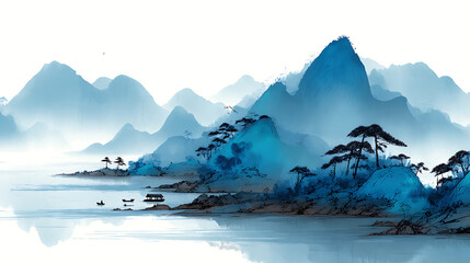 Aufkleber - Traditional chinese ink painting with blue and black colors, scenery, landscape, water, lake with hills or mountains, 4k wallpaper, asian drawing