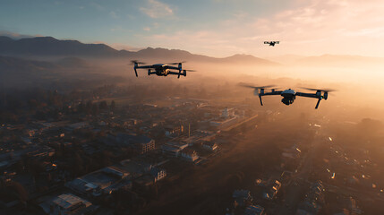 Poster - three black drones fly over the town in the morning sunlight