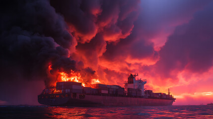 Poster - The ship in fire, large general cargo ship for logistic import export goods the explosion and had a lot of fire and smoke at sea