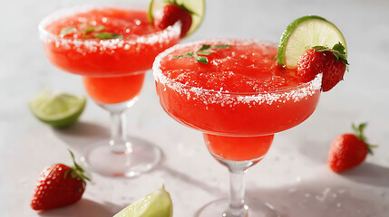 Poster - Strawberry margaritas in traditional glasses on a white countertop