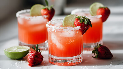 Poster - Strawberry margaritas in traditional glasses on a white countertop